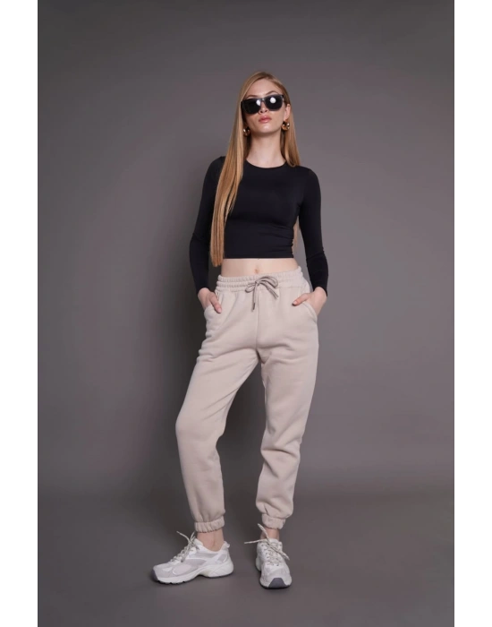 Jogger 3 İplik Şardonlu Cepli Tek Alt Siyah Siyah Sütlü Kahve