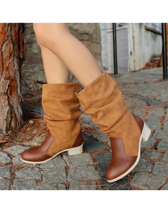 Jolin Taba Cilt Süet Detaylı Kadın Çizme