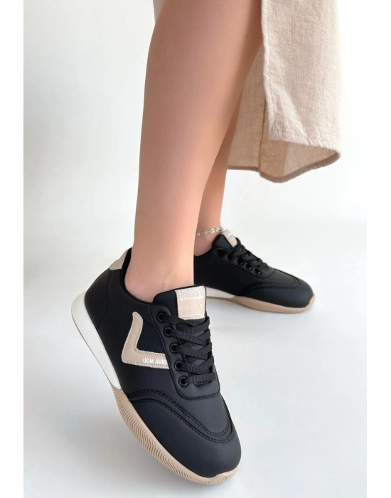 Jowen Siyah Cilt Bej Detaylı Bağcıklı Spor Ayakkabı