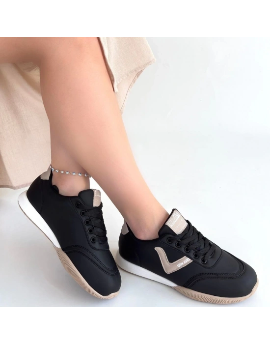 Jowen Siyah Cilt Bej Detaylı Bağcıklı Spor Ayakkabı