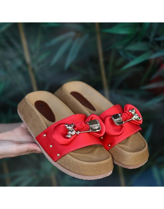 Jude Kırmızı Saten Ayıcıklı Kadın Terlik