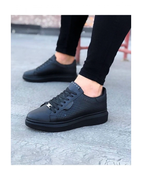 JY01 Bront Bağcıklı Cilt Delikli Erkek Günlük Sneaker Ayakkabı CST Siyah