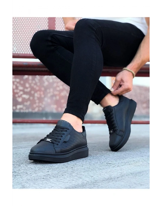 JY01 Bront Bağcıklı Cilt Delikli Erkek Günlük Sneaker Ayakkabı CST Siyah