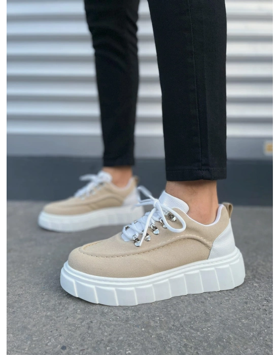 JY010 Cloud Bağcıklı Süet Erkek Günlük Sneaker Ayakkabı SBT - Krem/Beyaz