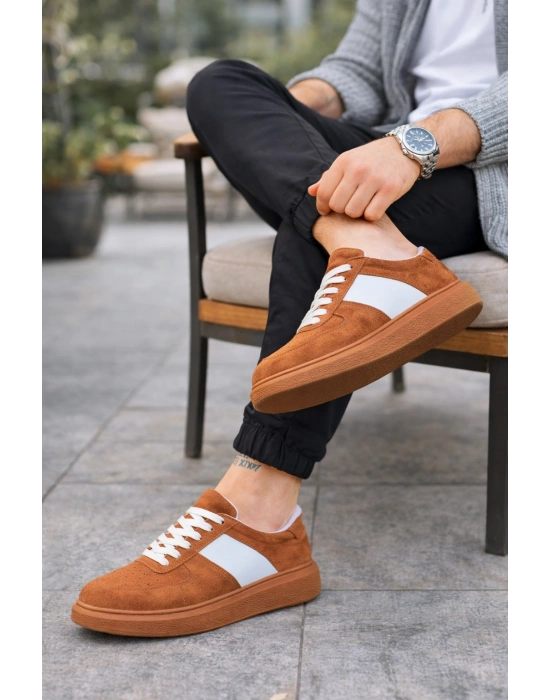 JY011 Line Erkek Günlük Bağcıklı Süet Spor Sneaker Ayakkabı STT - Taba/Beyaz