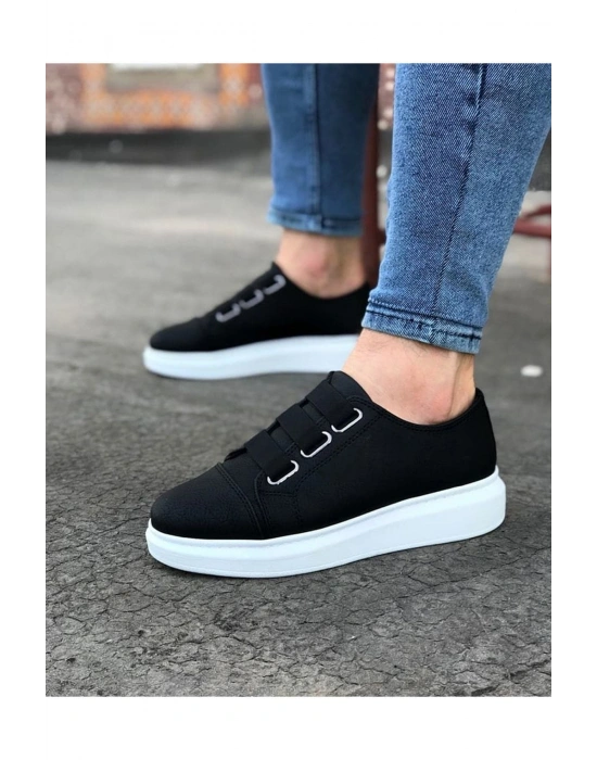 JY026 Astor Erkek Günlük Lastikli Cilt Spor Sneaker Ayakkabı CBT - Siyah