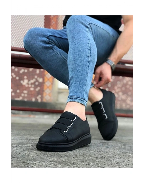 JY026 Astor Erkek Günlük Lastikli Cilt Spor Sneaker Ayakkabı CST - Siyah