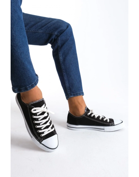 JY0422 Luke Bağcıklı Keten Kumaş Erkek Günlük Sneaker Ayakkabı KBT - Siyah