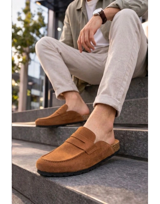 JY0456 Rayn Bağcıksız Hakiki Süet Deri Erkek Günlük Mantar Taban Loafer Klasik Ayakkabı HDMT - Taba