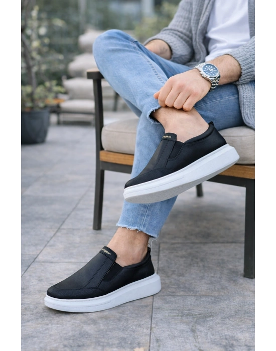 JY049 Ease Bağcıksız Erkek Günlük Cilt Spor Sneaker Ayakkabı CBT - Siyah