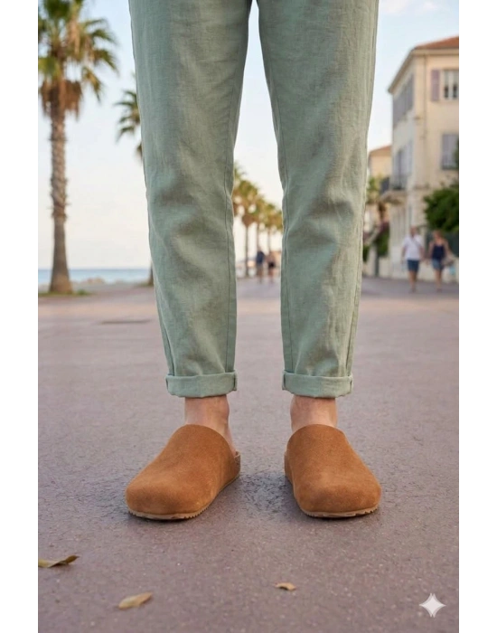 JY0556 Ravn Bağcıksız Hakiki Süet Deri Erkek Günlük Mantar Taban Loafer Klasik Ayakkabı HDMT - Taba