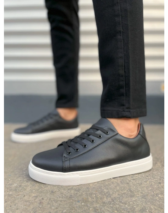 JY122 Mode Bağcıklı Cilt Erkek Günlük Sneaker Ayakkabı CBT - Siyah
