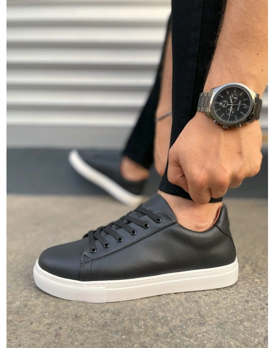 JY122 Mode Bağcıklı Cilt Erkek Günlük Sneaker Ayakkabı CBT - Siyah