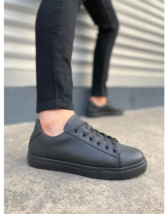 JY122 Mode Bağcıklı Cilt Erkek Günlük Sneaker Ayakkabı CST - Siyah