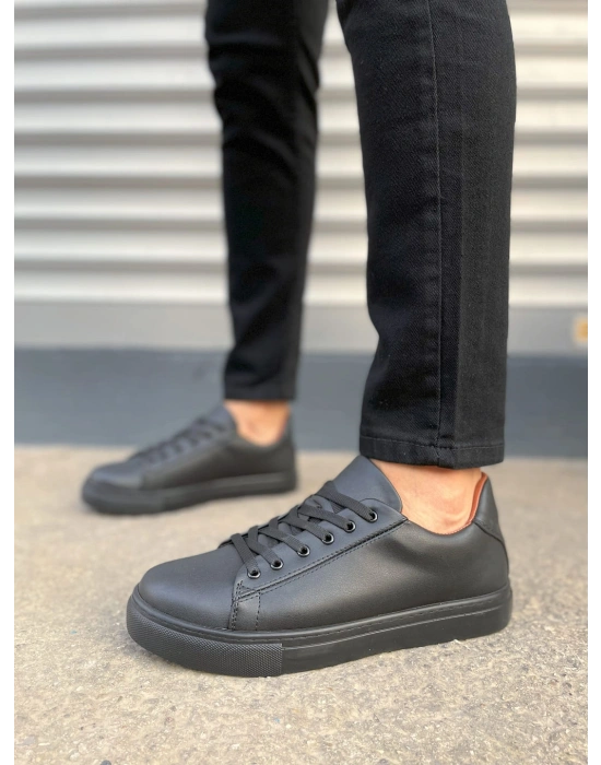 JY122 Mode Bağcıklı Cilt Erkek Günlük Sneaker Ayakkabı CST - Siyah