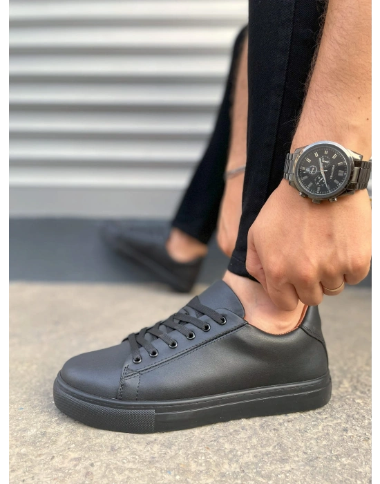 JY122 Mode Bağcıklı Cilt Erkek Günlük Sneaker Ayakkabı CST - Siyah