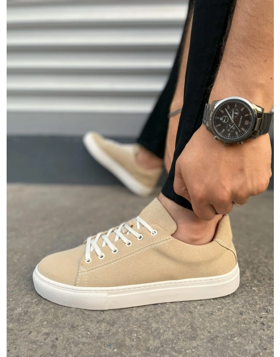 JY122 Mode Bağcıklı Süet Erkek Günlük Sneaker Ayakkabı SBT - Bej