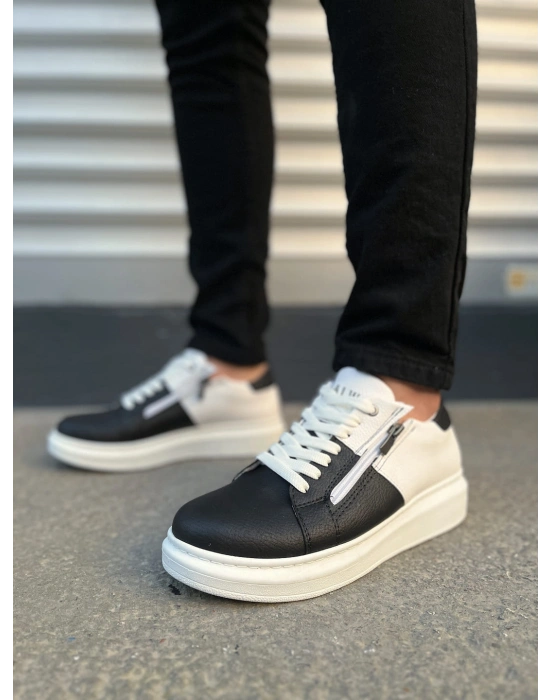 JY155 Warrior Bağcıklı ve Fermuarlı Cilt Erkek Günlük Sneaker Ayakkabı CBT - Beyaz/Siyah