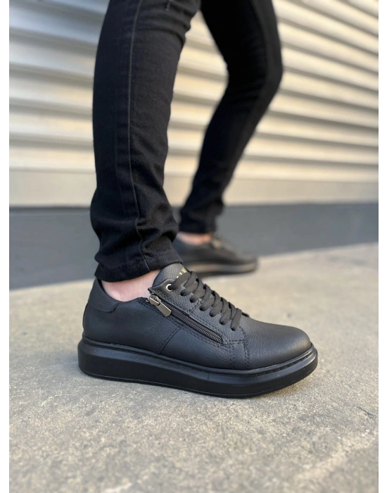 JY155 Warrior Bağcıklı ve Fermuarlı Cilt Erkek Günlük Sneaker Ayakkabı CST - Siyah