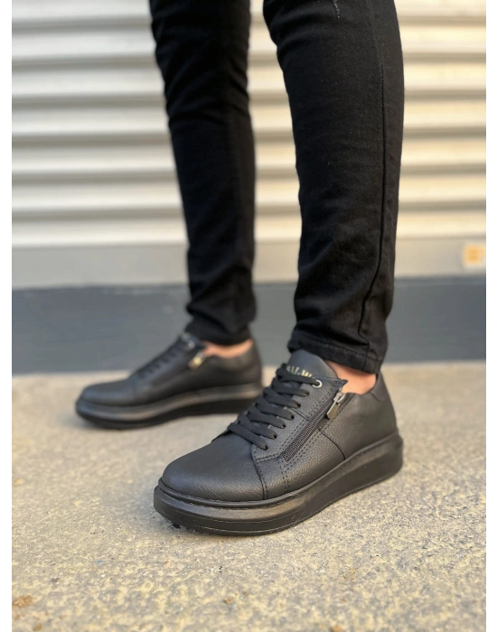 JY155 Warrior Bağcıklı ve Fermuarlı Cilt Erkek Günlük Sneaker Ayakkabı CST - Siyah