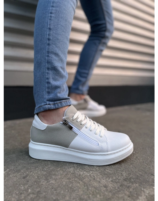 JY155 Warrior Bağcıklı ve Fermuarlı Cilt Süet Erkek Günlük Sneaker Ayakkabı CSBT - Beyaz/Gri