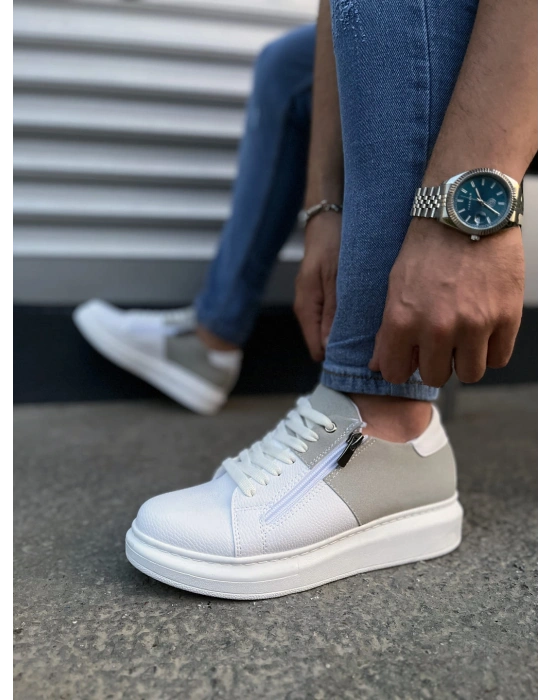 JY155 Warrior Bağcıklı ve Fermuarlı Cilt Süet Erkek Günlük Sneaker Ayakkabı CSBT - Beyaz/Gri