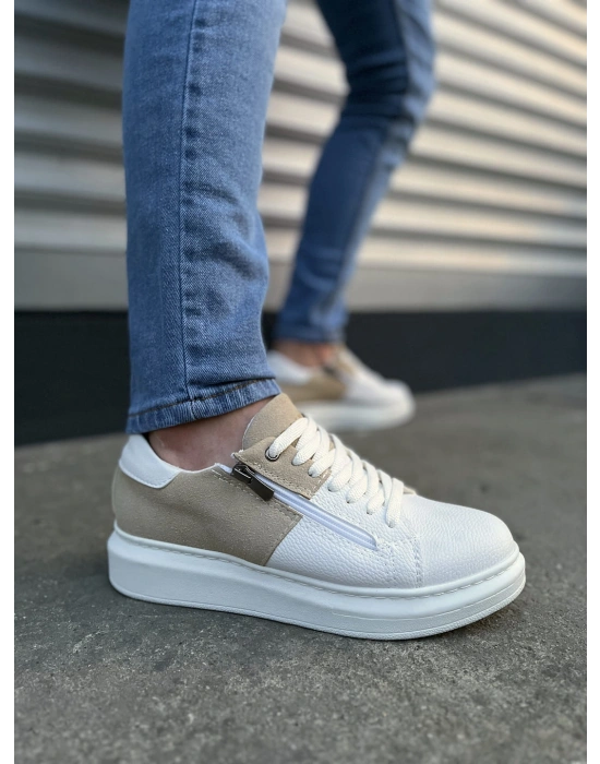 JY155 Warrior Bağcıklı ve Fermuarlı Cilt Süet Erkek Günlük Sneaker Ayakkabı CSBT - Beyaz/Krem