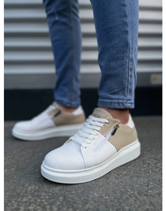 JY155 Warrior Bağcıklı ve Fermuarlı Cilt Süet Erkek Günlük Sneaker Ayakkabı CSBT - Beyaz/Krem