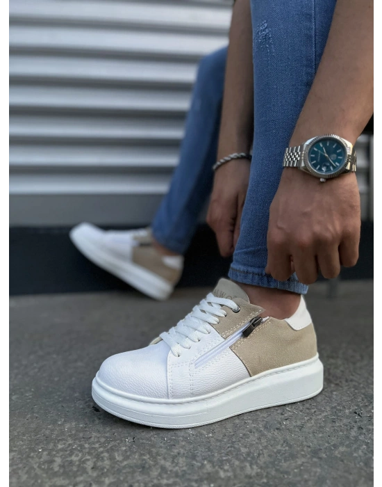 JY155 Warrior Bağcıklı ve Fermuarlı Cilt Süet Erkek Günlük Sneaker Ayakkabı CSBT - Beyaz/Krem