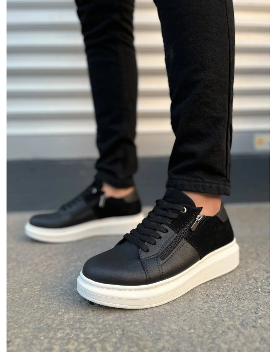 JY155 Warrior Bağcıklı ve Fermuarlı Cilt Süet Erkek Günlük Sneaker Ayakkabı CSBT - Siyah