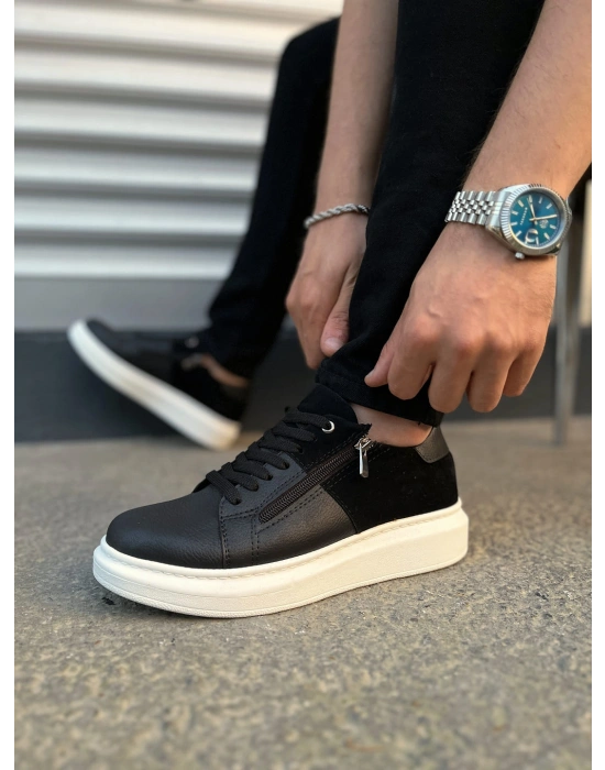 JY155 Warrior Bağcıklı ve Fermuarlı Cilt Süet Erkek Günlük Sneaker Ayakkabı CSBT - Siyah