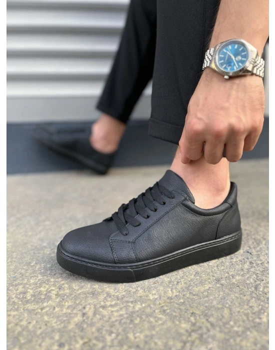 JY165 Elite Bağcıklı Cilt Erkek Günlük Sneaker Ayakkabı CST - Siyah