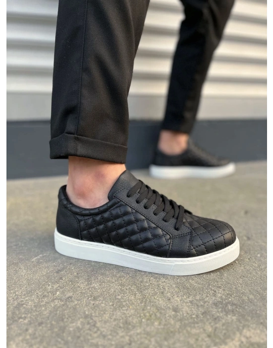 JY166 Prestige Bağcıklı Cilt Kapitone Desenli Erkek Günlük Sneaker Ayakkabı CBT - Siyah