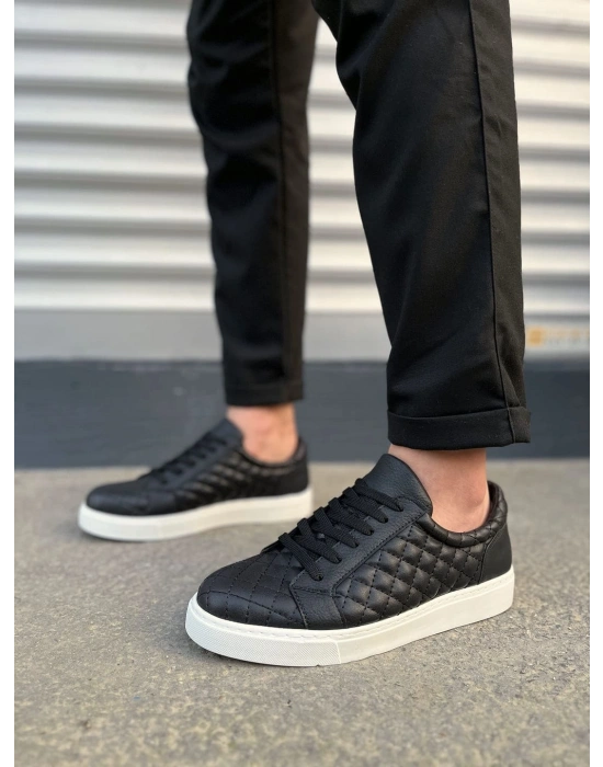 JY166 Prestige Bağcıklı Cilt Kapitone Desenli Erkek Günlük Sneaker Ayakkabı CBT - Siyah