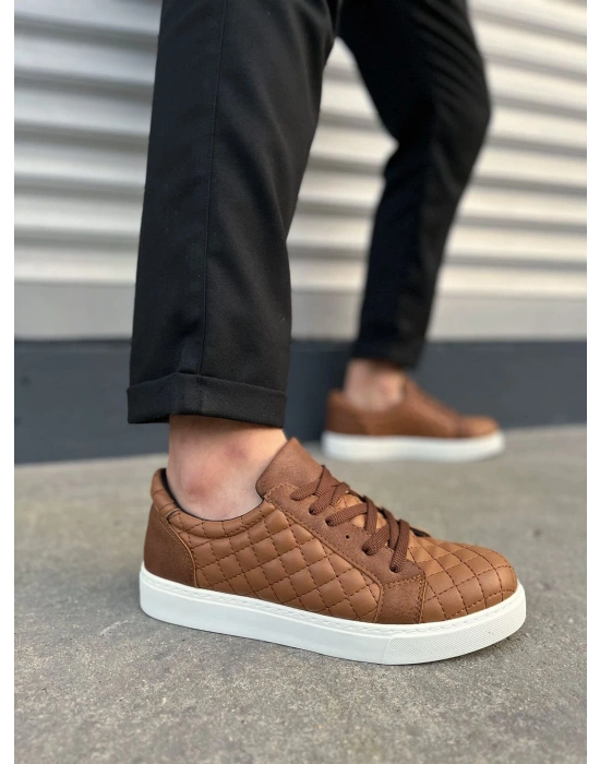 JY166 Prestige Bağcıklı Cilt Kapitone Desenli Erkek Günlük Sneaker Ayakkabı CBT - Taba