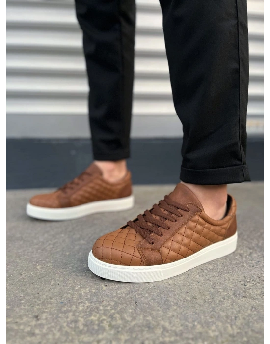 JY166 Prestige Bağcıklı Cilt Kapitone Desenli Erkek Günlük Sneaker Ayakkabı CBT - Taba