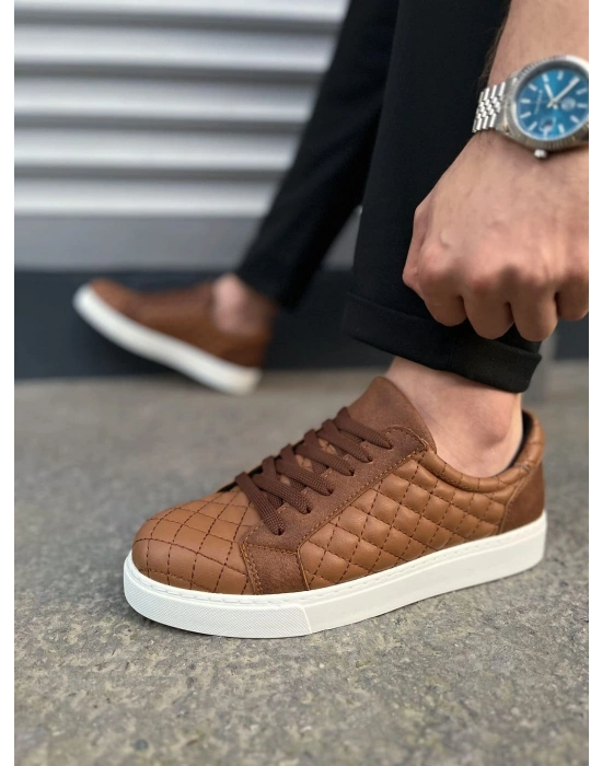 JY166 Prestige Bağcıklı Cilt Kapitone Desenli Erkek Günlük Sneaker Ayakkabı CBT - Taba