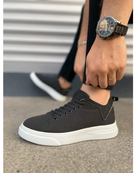 JY204 Flex Bağcıklı Keten Kumaş Erkek Günlük Sneaker Ayakkabı KBT - Siyah