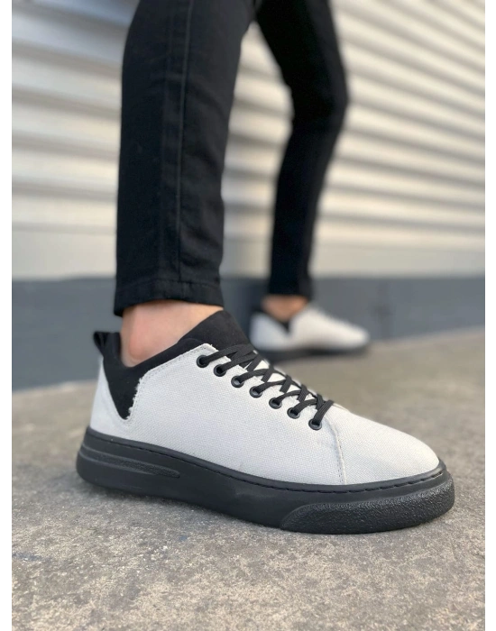 JY204 Flex Bağcıklı Keten Kumaş Erkek Günlük Sneaker Ayakkabı KST - Beyaz/Siyah