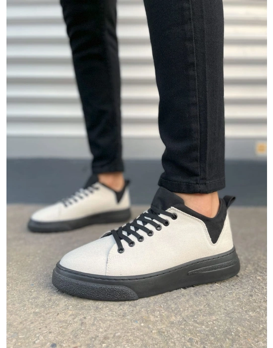 JY204 Flex Bağcıklı Keten Kumaş Erkek Günlük Sneaker Ayakkabı KST - Beyaz/Siyah