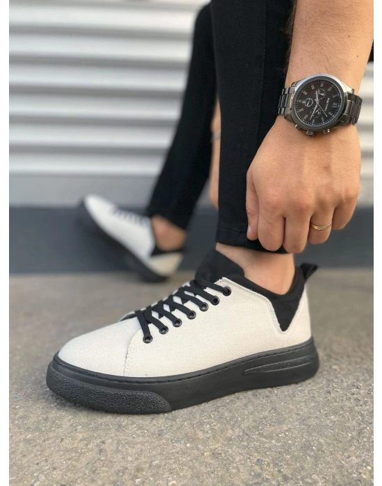 JY204 Flex Bağcıklı Keten Kumaş Erkek Günlük Sneaker Ayakkabı KST - Beyaz/Siyah