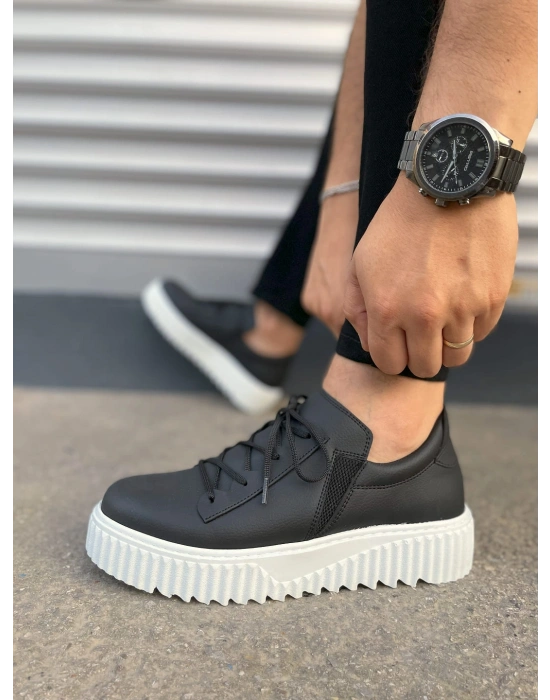 JY502 Bold Bağcıklı Cilt Erkek Günlük Sneaker Ayakkabı CBT - Siyah