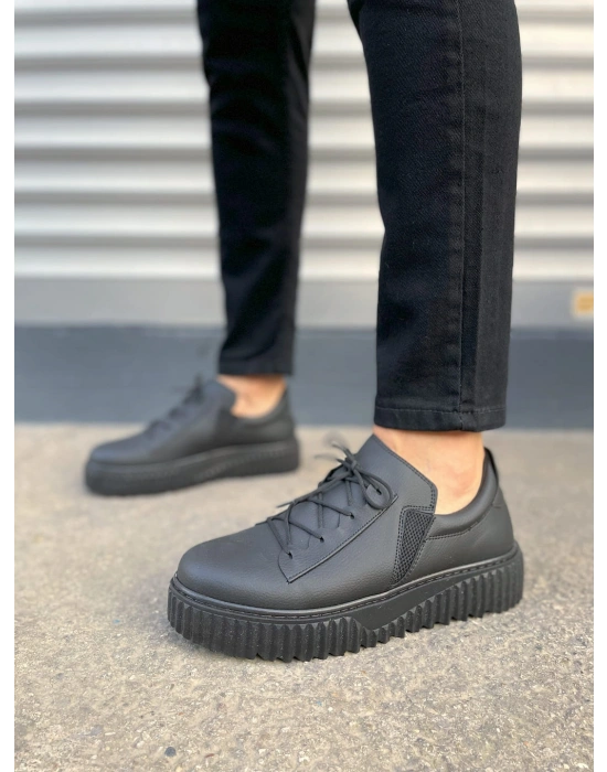 JY502 Bold Bağcıklı Cilt Erkek Günlük Sneaker Ayakkabı CST - Siyah