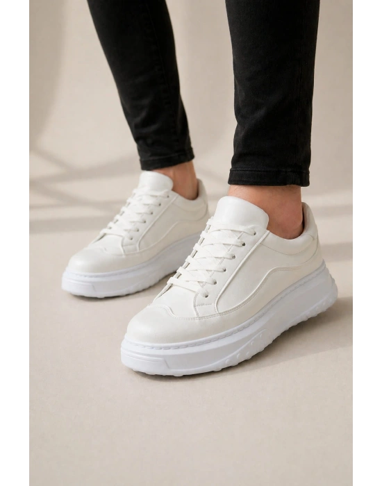 JY507 Dara Bağcıklı Cilt Erkek Günlük Sneaker Ayakkabı CBT Beyaz