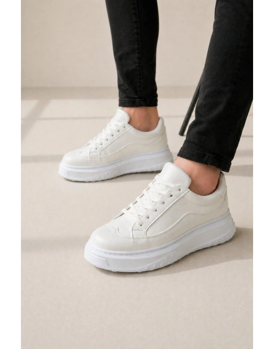 JY507 Dara Bağcıklı Cilt Erkek Günlük Sneaker Ayakkabı CBT Beyaz