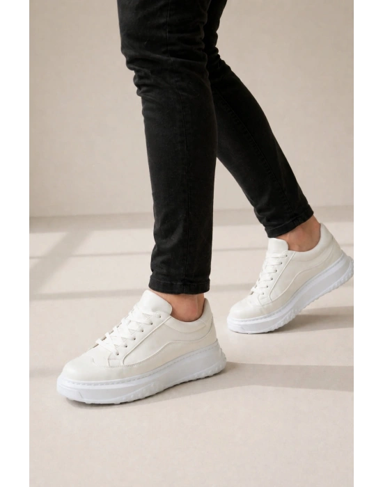 JY507 Dara Bağcıklı Cilt Erkek Günlük Sneaker Ayakkabı CBT Beyaz