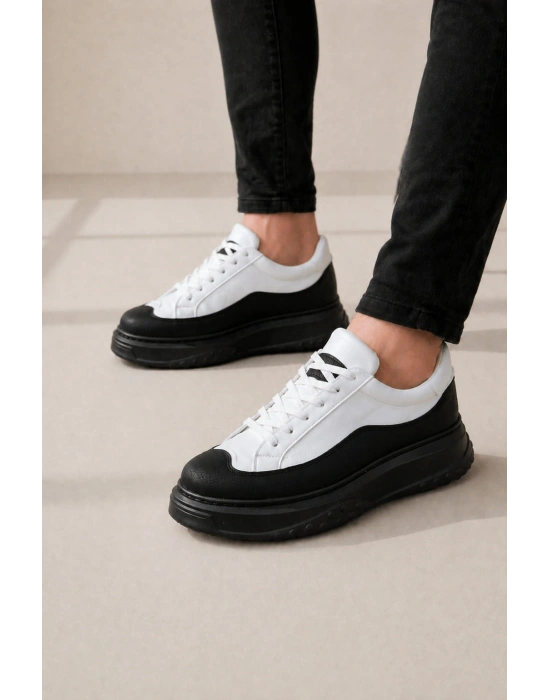 JY507 Dara Bağcıklı Cilt Erkek Günlük Sneaker Ayakkabı CST Beyaz/Siyah
