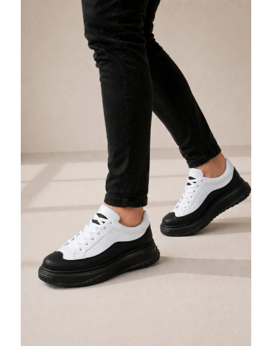JY507 Dara Bağcıklı Cilt Erkek Günlük Sneaker Ayakkabı CST Beyaz/Siyah