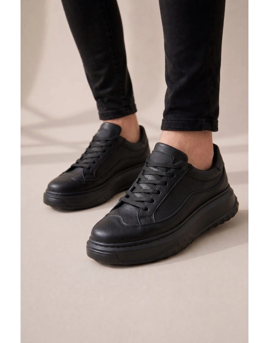 JY507 Dara Bağcıklı Cilt Erkek Günlük Sneaker Ayakkabı CST Siyah