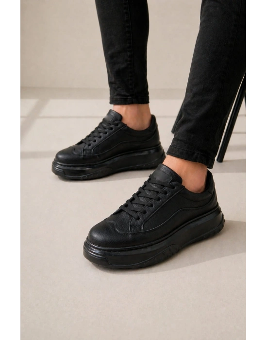 JY507 Dara Bağcıklı Cilt Erkek Günlük Sneaker Ayakkabı CST Siyah